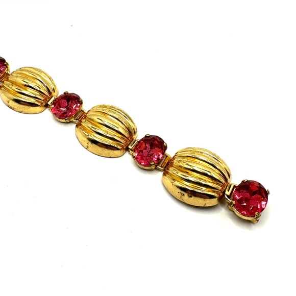 Vintage Czech Pink Stone Fluted Dome Goldtone Bracelet - Picture 2 of 10